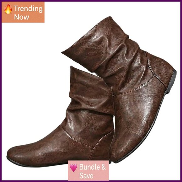 Leather Slouchy Flat Ankle Boots Comfortable Pull On Booties Low Heel - Picture 1 of 8